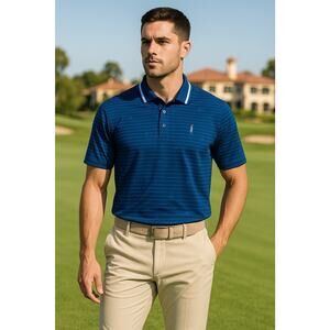 G FORE Signature Stripe Polo Shirt Mens Large Blue Deep Sea Golf Performance